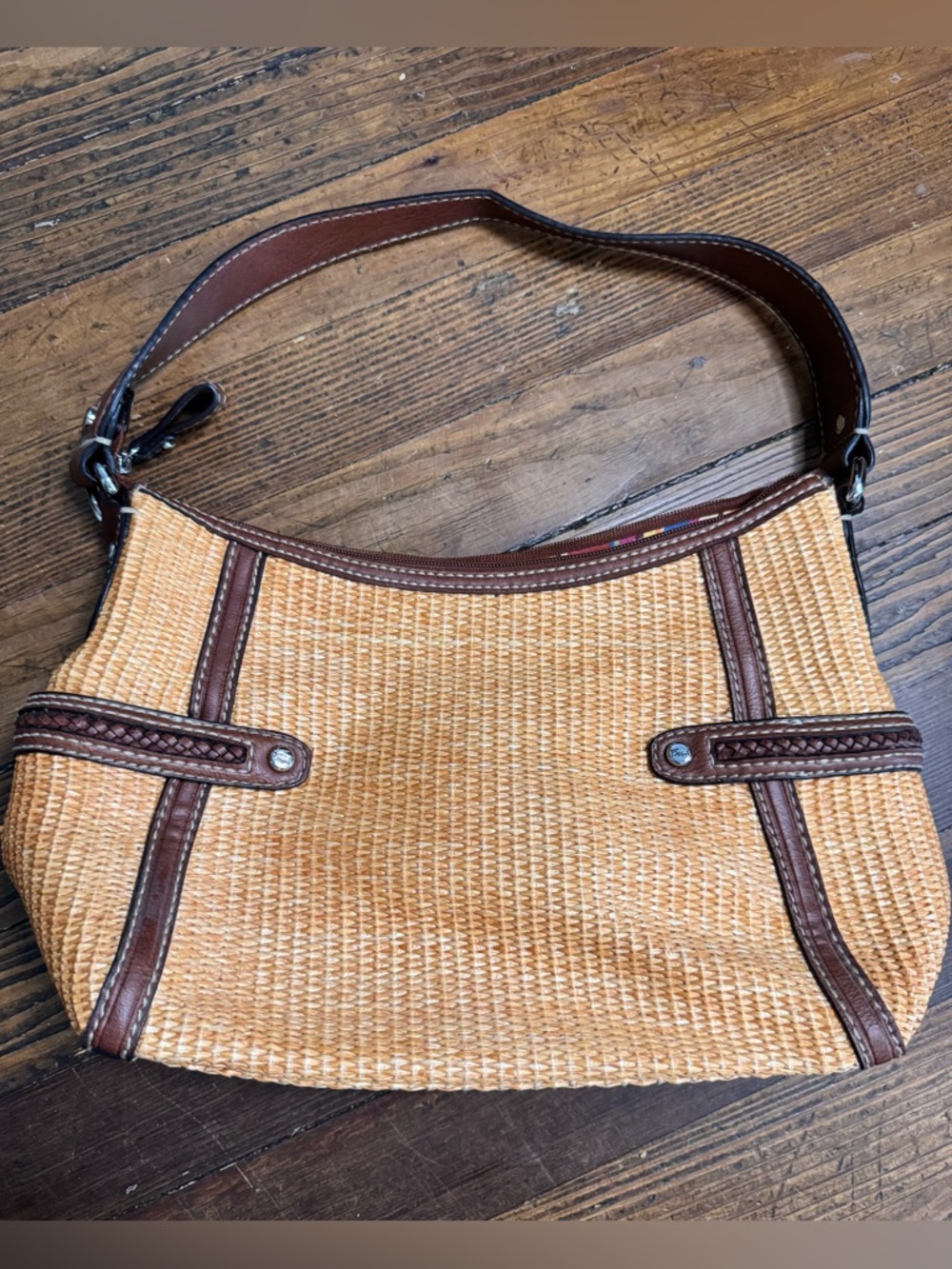 FOSSIL Medium Woven Straw Leather Handle  Brown Hobo Satchel Purse